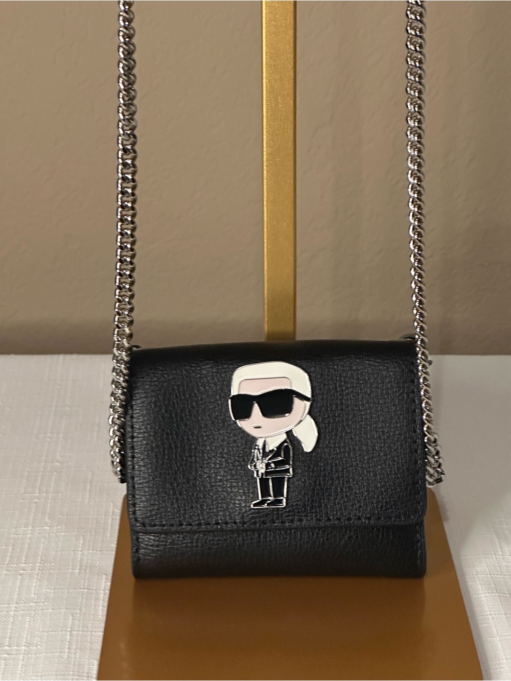 Karl Lagerfeld Black Leather Mini Wallet Crossbody with Character Pin NWOT